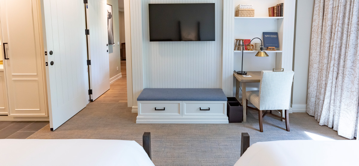 TV and desk area in the Queen Suite in The Inn at SentryWorld