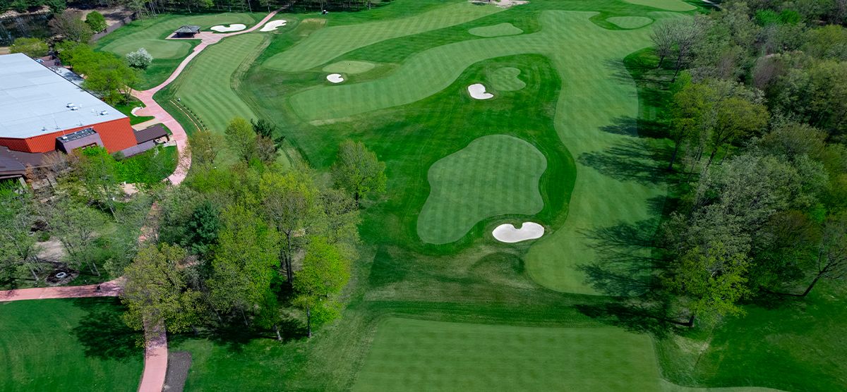 Aerial view of the outdoor driving range at the SentryWorld golf course