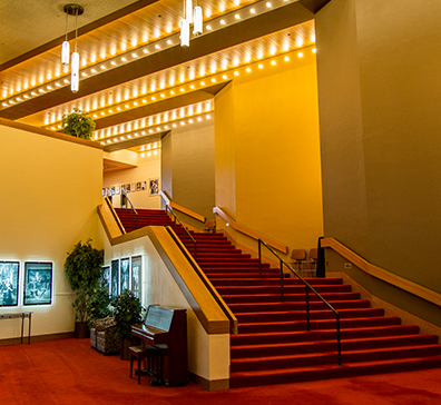 Theater lower level with red carpeted stairs. 