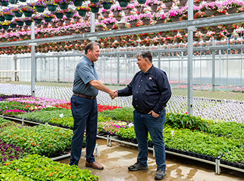 Two people shaking hands in a greenhouse