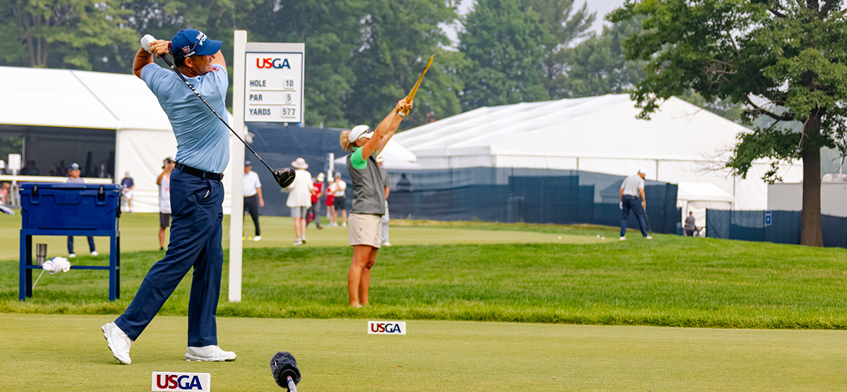 Padraig Harrington swinging at hole 10 at the U.S. Senior Open at SentryWorld