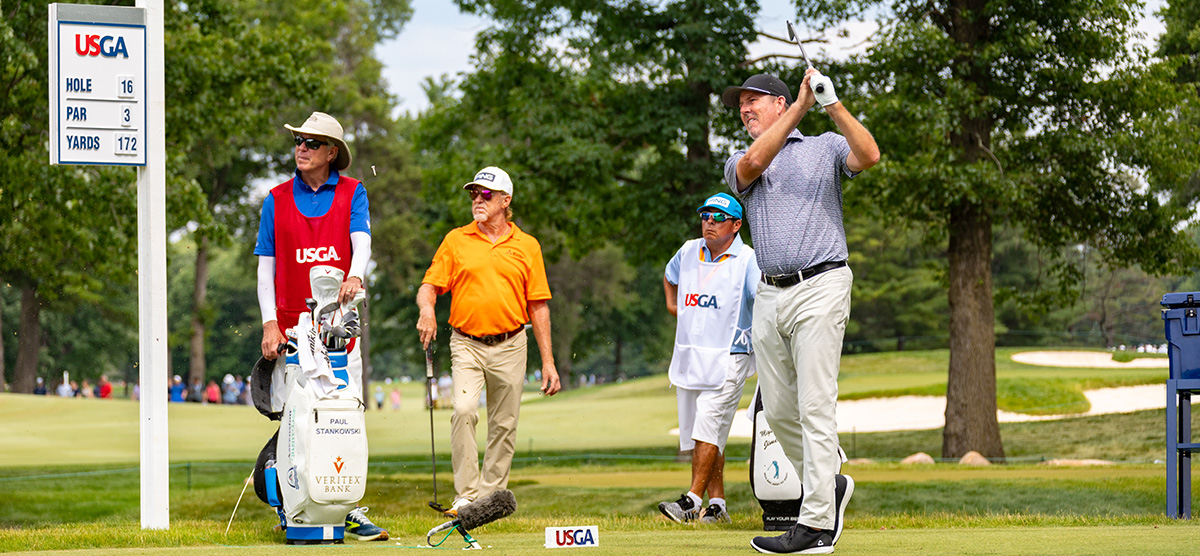 Paul Stankowski and Miguel Angel Jimenez teeing off at hole 16 at the U.S. Senior Open at SentryWorld