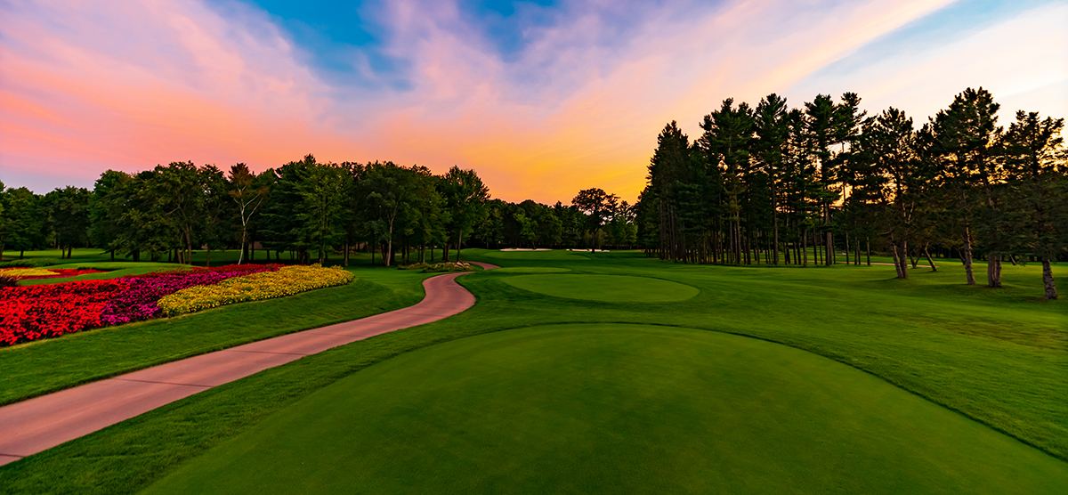 Tee box for the seventeenth hole during sunset at SentryWorld