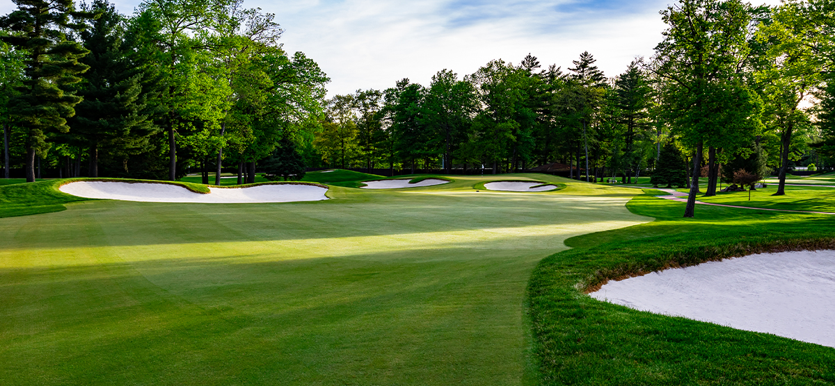 Sand traps off the eighth hole fairway at SentryWorld