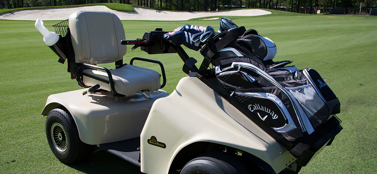 SoloRider golf cart with golf bags at SentryWorld