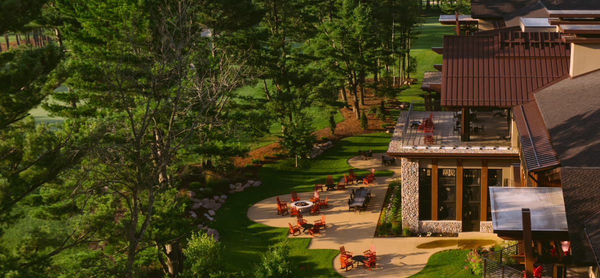 Aerial photo of the back patio area of The Inn. 