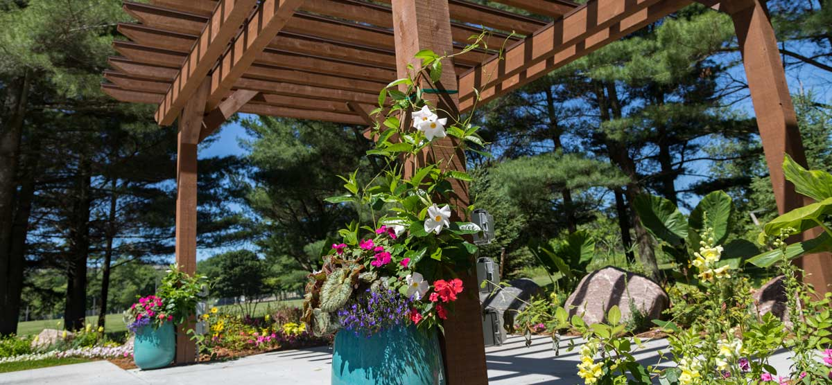 Flowers around the pergola at SentryWorld