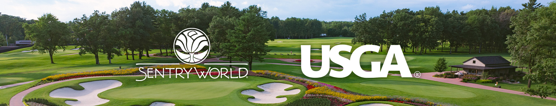 The SentryWorld flower hole, hole 16, with SentryWorld and USGA logos. 