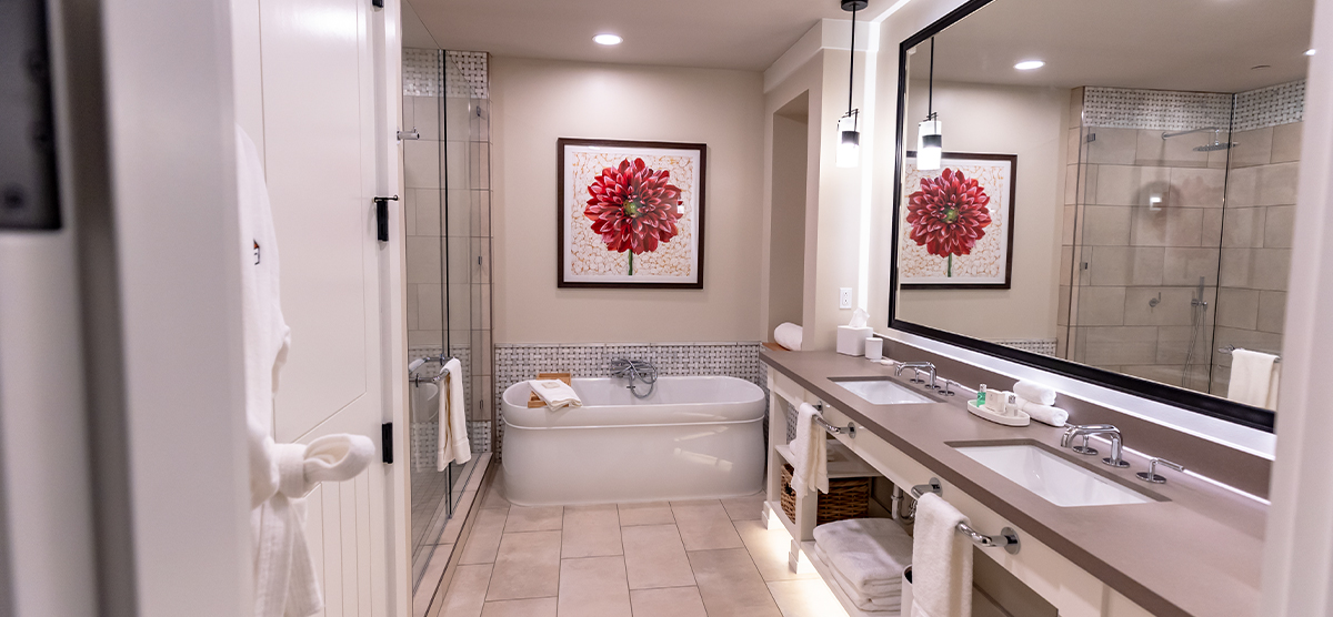 Wide angle of the bathroom in the Executive Junior Suite at The Inn