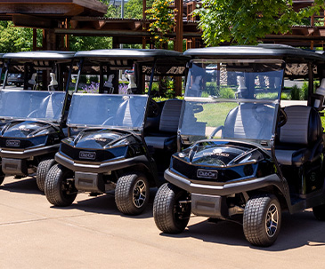 Rows of parked SentryWorld golf carts