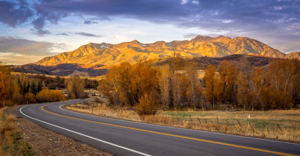Sunset mountain and road landscape
