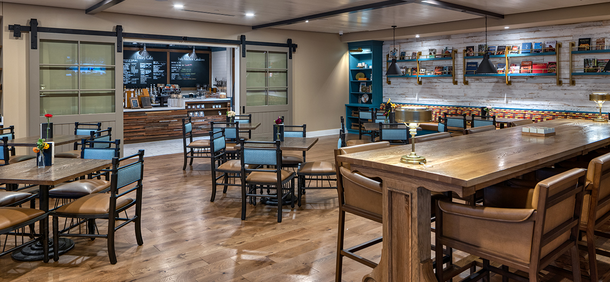 The Inn Library Cafe seating area and ordering counter.