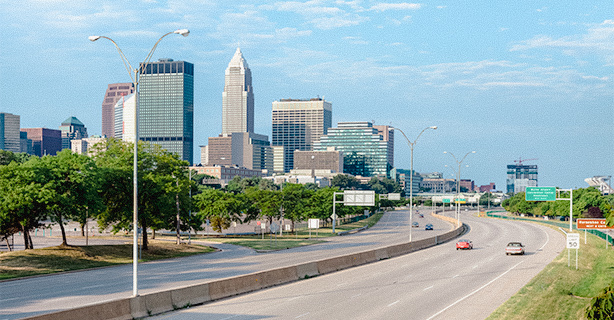 Cleveland skyline over Interstate 90