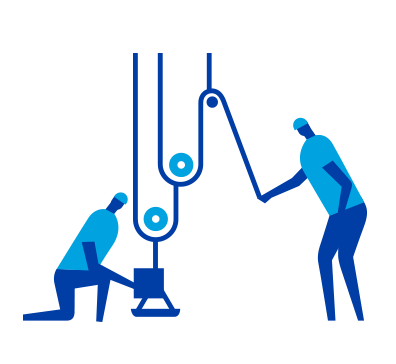 Two blue colored factory workers fixing a blue colored machine