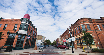 Buildings around the main square in downtown Stevens Point, Wisconsin 