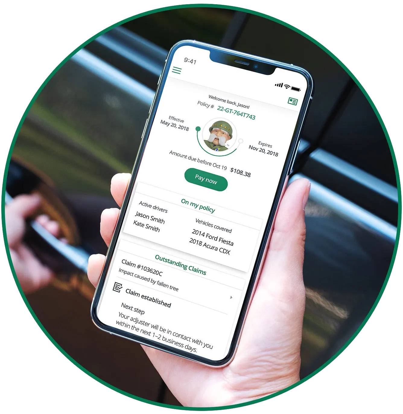 affordable-car-insurance-wht-LG hand holding phone displaying The General app insurance policy screen