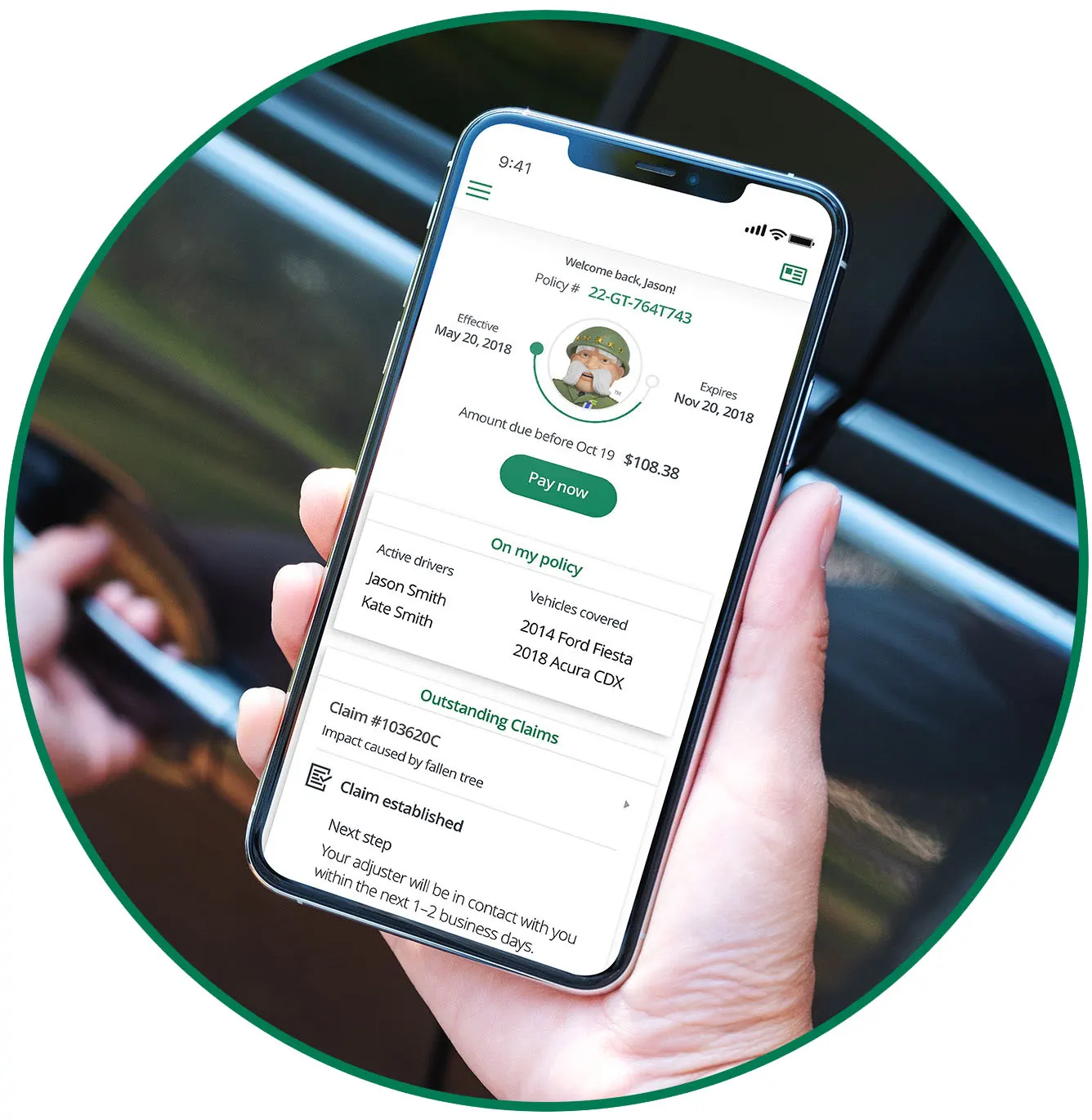 affordable-car-insurance-wht-LG hand holding phone displaying The General app insurance policy screen