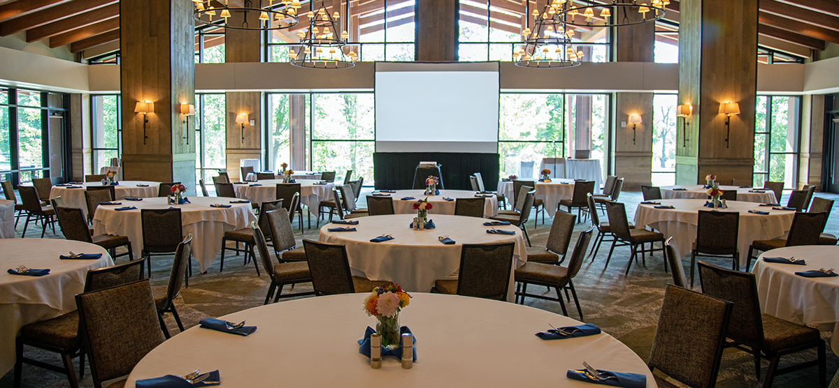 Dining tables in the Grand Hall at SentryWorld