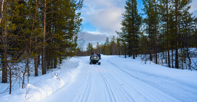 Snowmobile riders on trail through forest