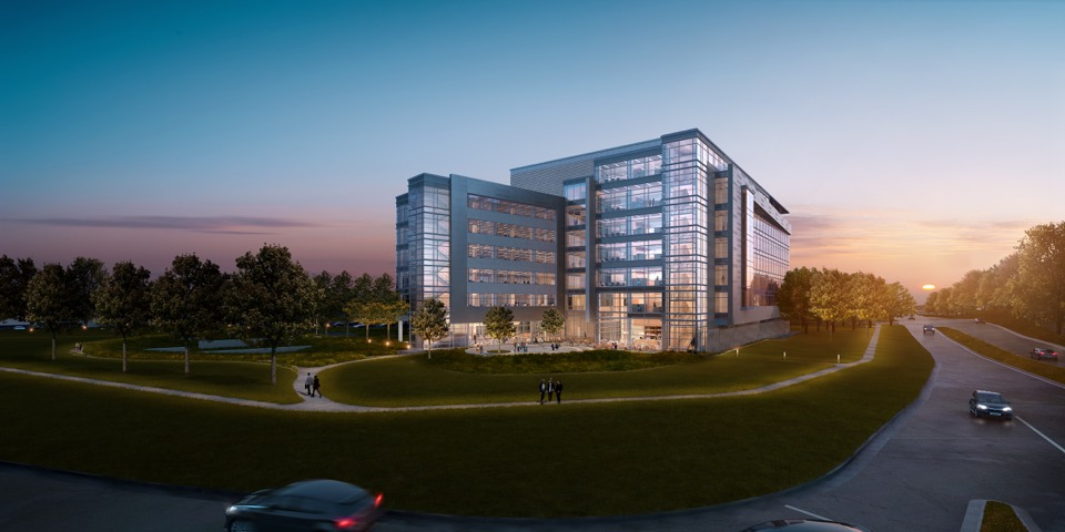 Sentry's new building depicted at sunset