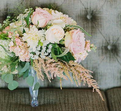 Wedding bouquet on a couch at SentryWorld