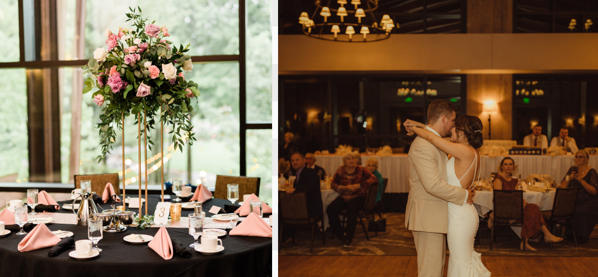 Split image: Elegant table setting with floral centerpiece; couple dancing at a reception.