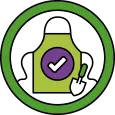 Icon of a shovel and a gardening apron with a checkmark on it
