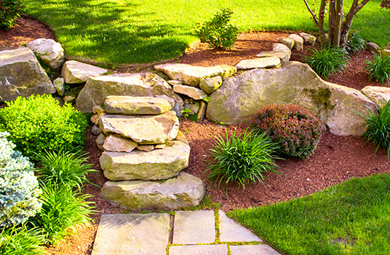 Landscaping of rocks and bushes