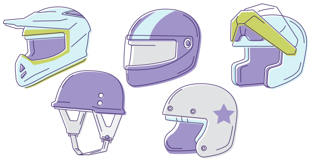Illustration of five different helmet types