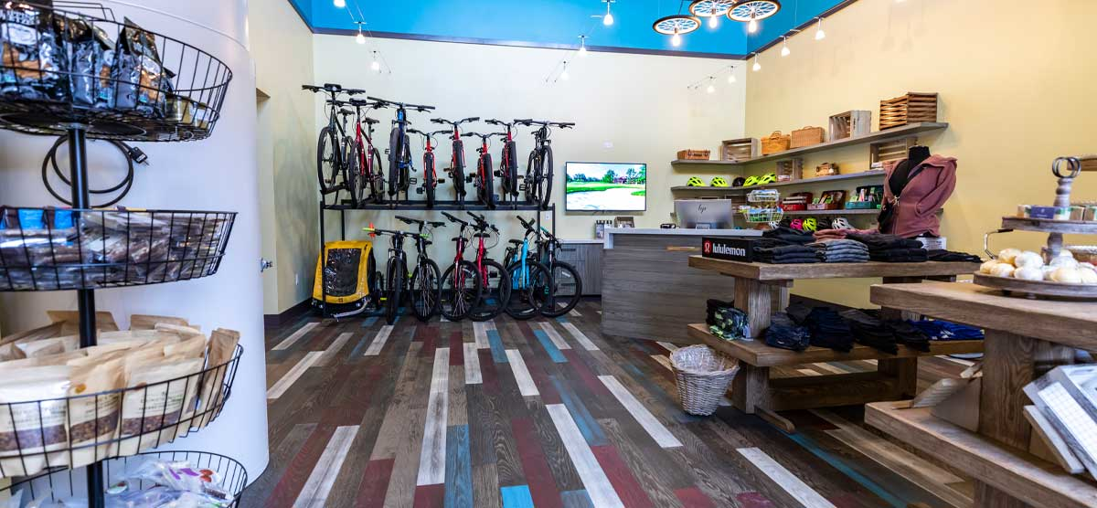 Bikes on a rack and other outdoor supplies in the Outfitter