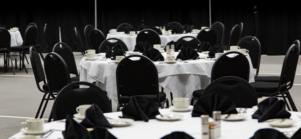 Dining tables in the Fieldhouse at SentryWorld