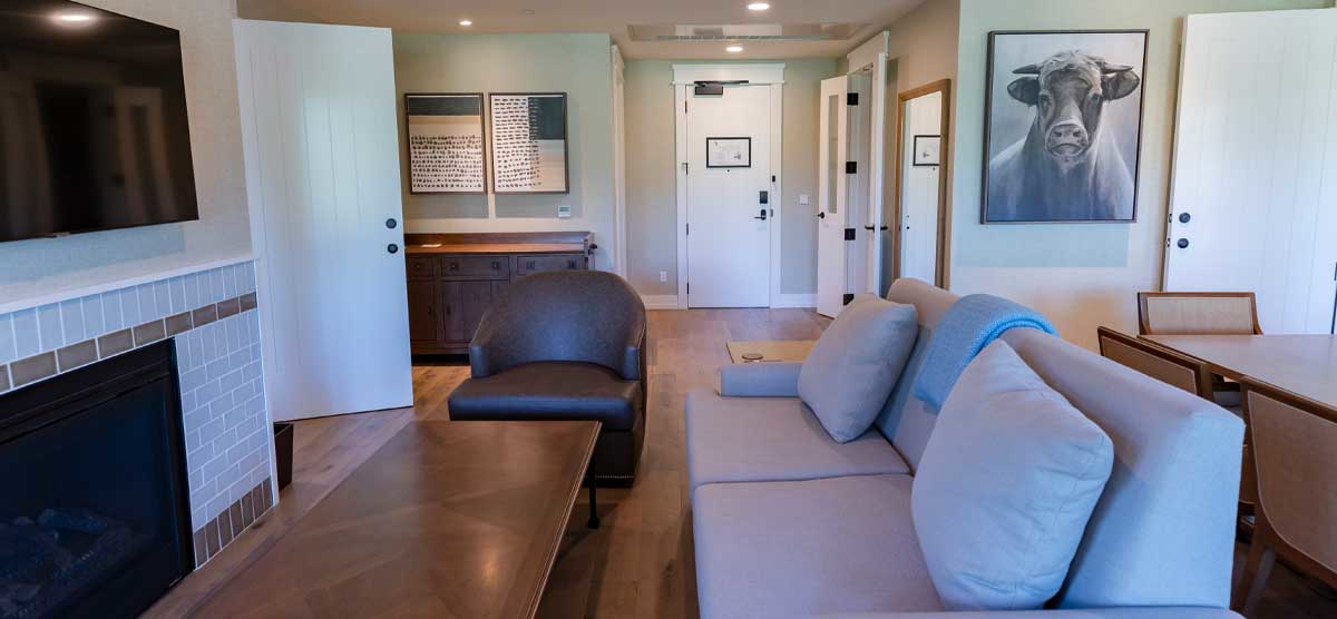 Couch and lounge chair around a TV in the King Suite