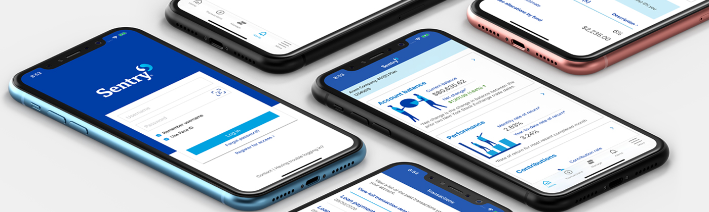 Mobile phones with Sentry 401k App screens