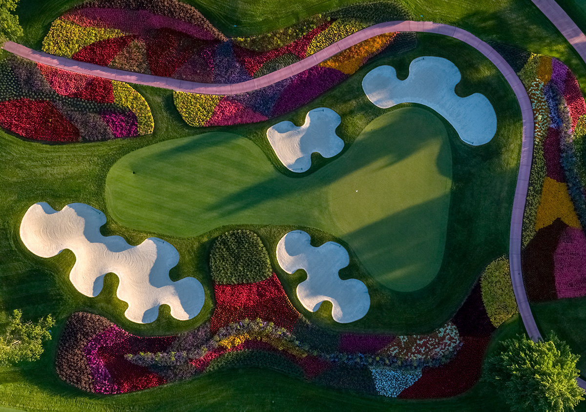 Aerial view of hole 16, the flower hole, at the SentryWorld golf course