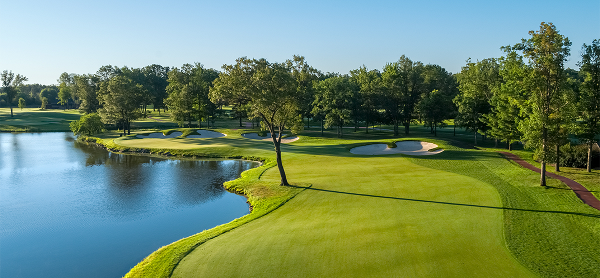 Fairway and water hazard on the fifth hole at the SentryWorld golf course