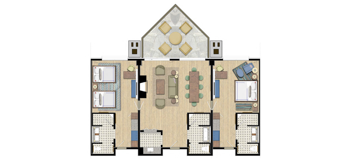 carousel-executive-king-suite-2br-11-1200x556 Floor plan illustration of a two room suite.