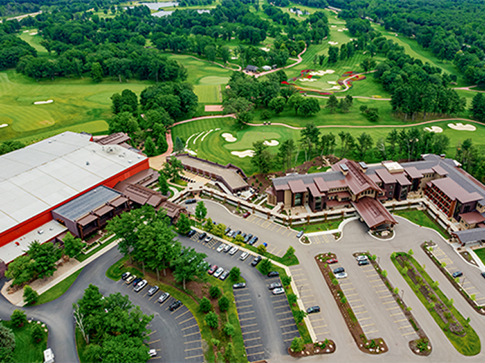 Aerial view of SentryWorld campus including The Inn at SentryWorld.