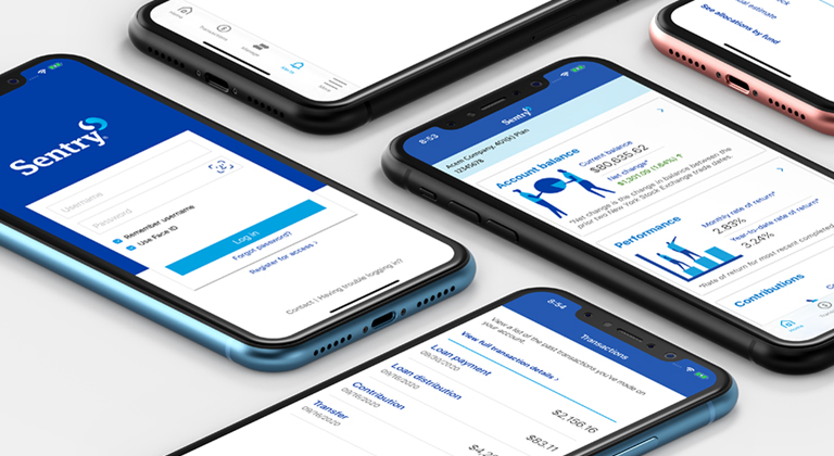 Mobile phones with Sentry 401k App screens