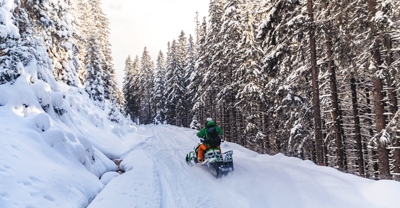 Snowmobile rider in snowy forest