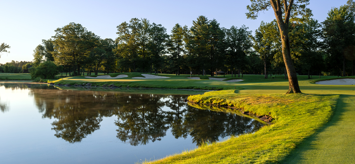 Water hazard and sand traps on the fifth hole at SentryWorld