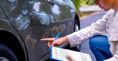 Insurance agent evaluating a dent on a car