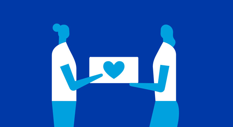 Two blue colored people with an envelope with a heart symbol on it