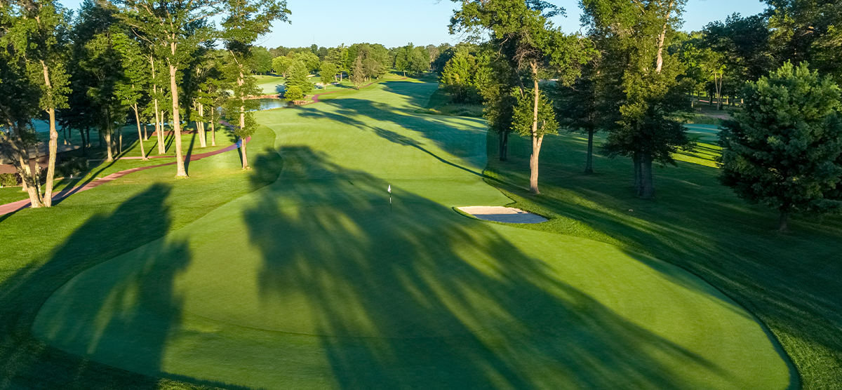 Aerial view of the putting green on the second hole at the SentryWorld golf course