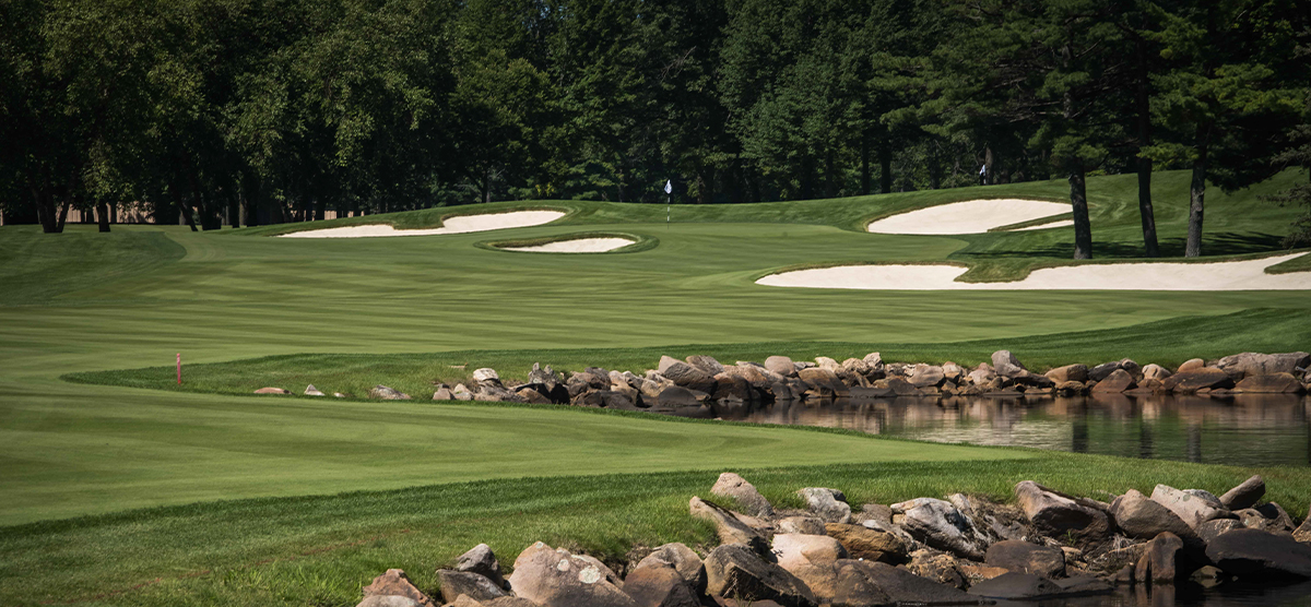 Fourteenth hole fairway and sand traps at SentryWorld