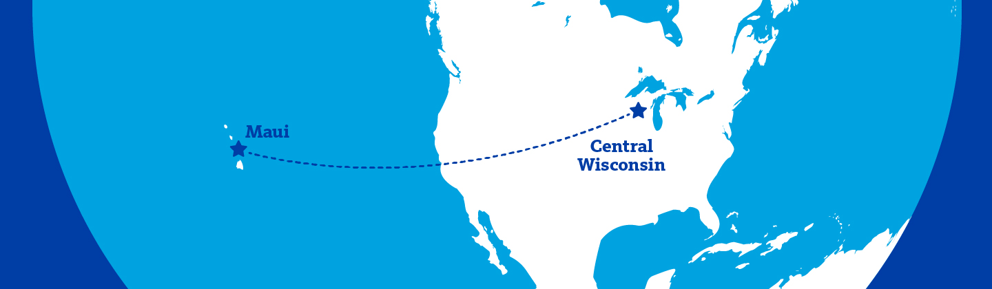 Blue colored map highlighting Maui, Hawaii and Central Wisconsin in North America