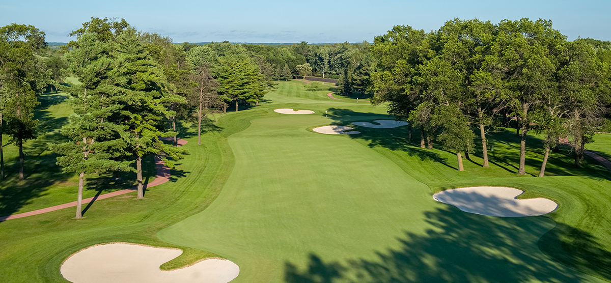 Aerial view of the first hole fairway at the SentryWorld golf course