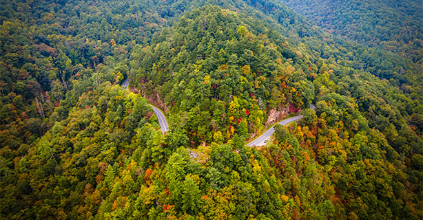 Aerial view of a winding mountain road near Hot Springs, North Carolina