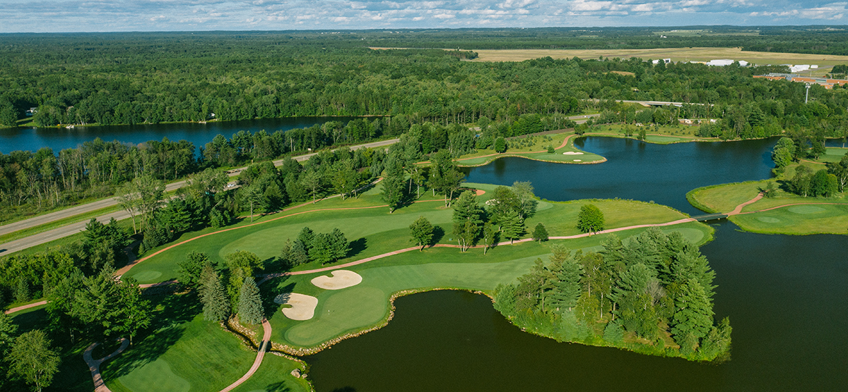 Aerial view of holes three and four at the SentryWorld golf course