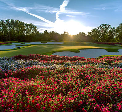 Flowers and sand traps on the SentryWorld golf course