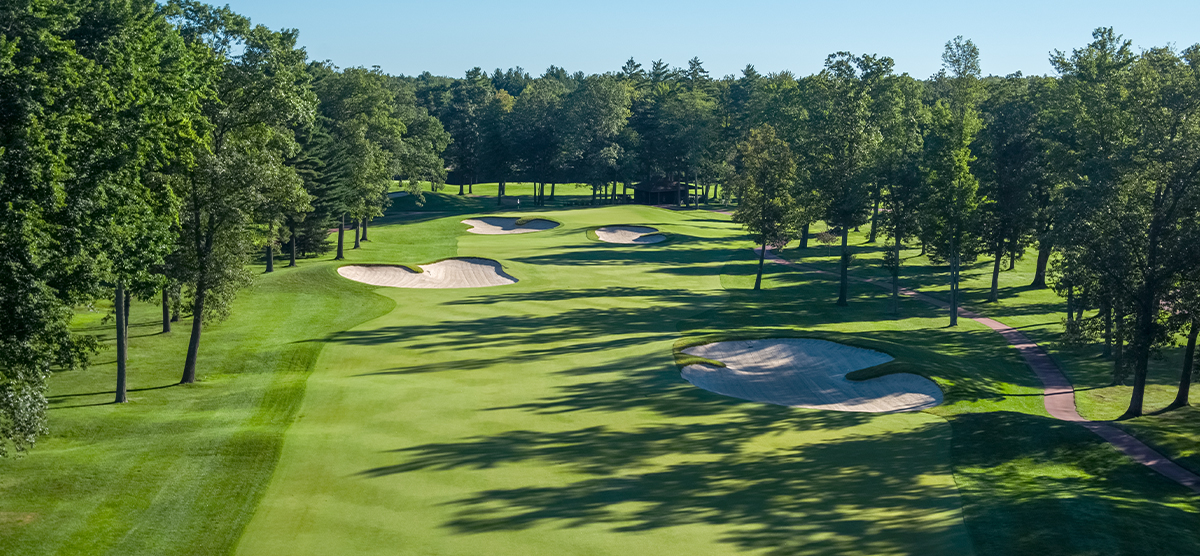 Aerial view of the eighth hole fairway at the SentryWorld golf course